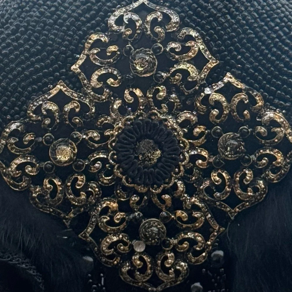 Mary Frances Black Beaded Evening Bag Fur Filigree Rhinestones Rose Handbag - Picture 2 of 5